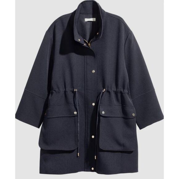 H&M Oversized Raincoat Jacket Classic Navy Blue Gold Button Parka M Capsule - Picture 1 of 9